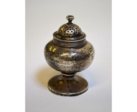 A Georgian silver pounce pot, with a removable cover and a waisted pedestal, hallmarked London circa 1825, makers mark W B, p