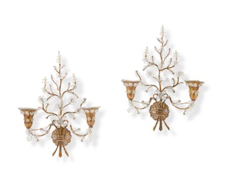 A PAIR OF FRENCH GILT METAL AND GLASS WALL LIGHTS IN THE MANNER OF MAISON BAGUES   MID 20TH CENTURY  Twin branches within scr