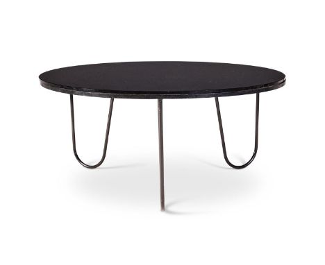 MATHIEU MATÉGOT (FRENCH, 1910-2001) 'BELLEVUE' COFFEE TABLE; DESIGNED 1956 Black patinated metal and glass 38cm high, 85cm wi