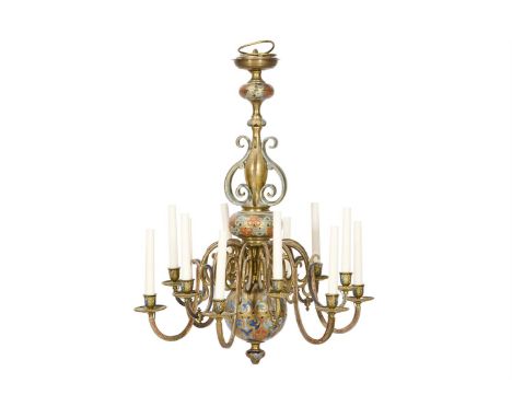 A TWELVE LIGHT ENAMELLED BRASS CHANDELIER  POSSIBLY TURKISH, MID/EARLY 20TH CENTURY  80cm high, 63cm wide       