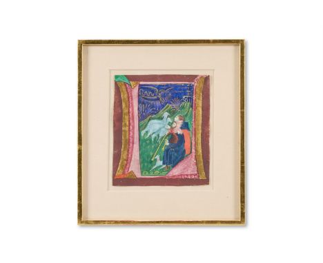 Ɵ  AN ILLUMINATED INITIAL, WITH THE ANGEL APPEARING TO THE SHEPHERDS Illuminated manuscript on vellum 150 x 130 mm (5 7/8 x 5