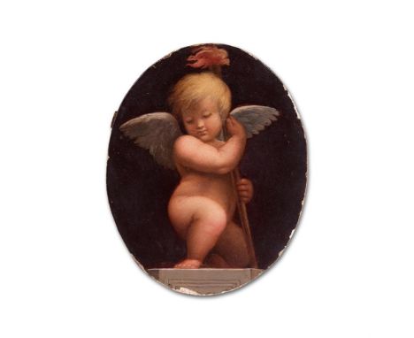 AFTER RAFFAELLO SANZIO, CALLED RAPHAEL CHERUB WITH TORCH Oil on panel 15.2 x 12cm (5 x 4½ in.) Unframed   After the fresco in