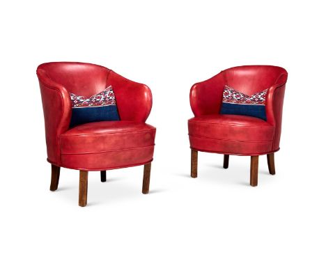 A PAIR OF BERGERES CIRCA 1930 Upholstered in crimson Louis Vuitton Leather 80cm high, 66cm wide   