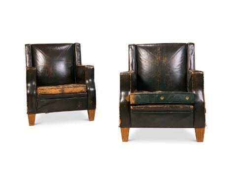 A PAIR OF ART DECO ARMCHAIRS  SECOND QUARTER 20TH CENTURY Leather covered hardwood 86cm high, 75cm wide 80cm deep           P