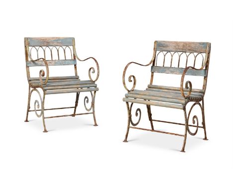 A PAIR OF PAINTED WOOD AND METAL GARDEN ARMCHAIRS  20TH CENTURY  Lancet back panel design  86cm high, 55.5cm high, 49cm high 