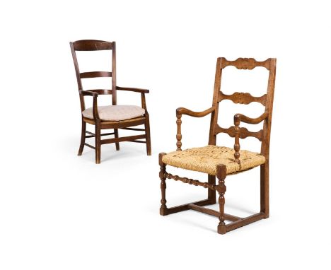 A FRENCH PROVINCIAL WALNUT ARMCHAIR 19TH CENTURY With ladder back and rush seatTogether with another provincial armchair with