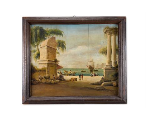 MANNER OF FRANCESCO GUARDI A CAPRICCIO OF A MEDITERRANEAN HARBOUR Oil on panel   85 x 95cm (33¼ x 37¼ in.)   Condition Report