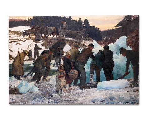 CONTINENTAL SCHOOL (LATE 19TH/EARLY 20TH CENTURY) CLEARING THE ICE  Oil on canvas Indistinctly signed (lower right) 200 x 310