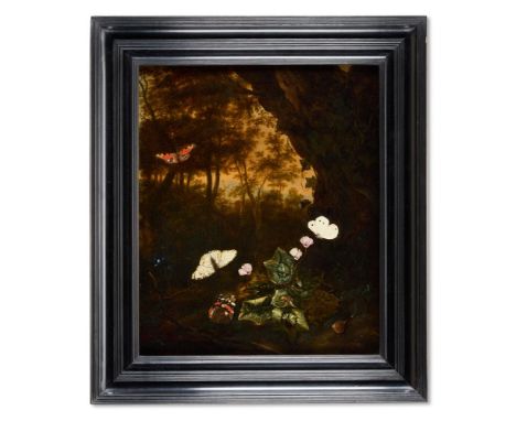 ISAC VROMANS (DUTCH CIRCA 1655-1719) A FOREST FLOOR STILL LIFE WITH CYCLAMEN, BUTTERFLIES, AND A SNAIL Oil on panel Signed wi