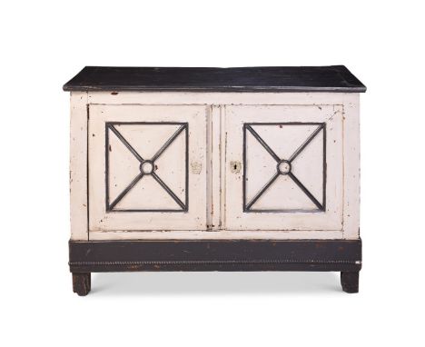 A FRENCH PROVINCIAL BLUE AND GREY PAINTED SIDE CABINET  18TH OR 19TH CENTURY With pair of cupboard doors 96cm high, 137cm wid
