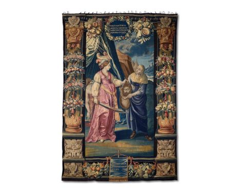 A FLEMISH BIBLICAL TAPESTRY OF JUDITH AND HOLOFERNES  BRUSSELS, 17TH CENTURY  After Hendrik Goltzius, with Judith elegantly d