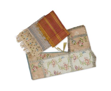 A VERY FINELY WOVEN SILK AND WOOL SQUARE SCARF  POSSIBLY EUROPEAN, CIRCA 1800 Worked in pale pink and blue with stylised bote