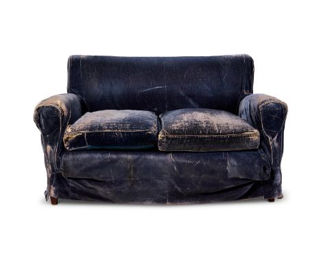 A BLUE VELVET COVERED TWO-SEAT SOFA IN EDWARDIAN TASTE  20TH CENTURY  The loose cover probably incorporating antique velvet p