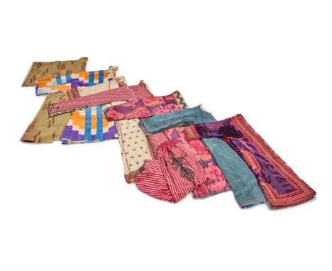 AN INDIGO COTTON CANVAS CHAPAN  CENTRAL ASIAN  With repetitive hand stitched zigzag red border, with handmade picot edging, i