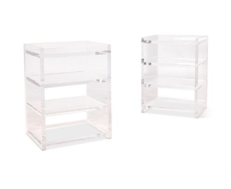 A PAIR OF FOUR-TIER CLEAR RESIN/PERSPEX SHELF UNITS,  20TH CENTURY, DESIGNED BY HUGH HENRY 80cm high, 60cm wide, 50cm deep   