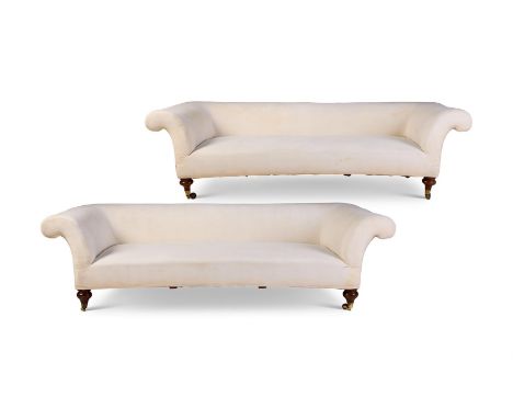 A MATCHED PAIR OF WALNUT AND UPHOLSTERED SOFAS ONE CIRCA 1860, POSSIBLY BY GILLOWS, THE OTHER MODERN BY HOWARD CHAIRS LTD Eac