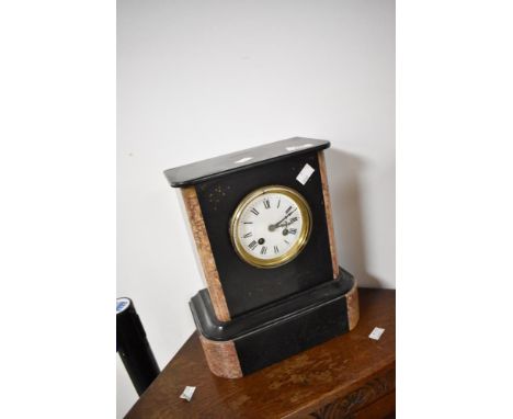 A Victorian black and rouge marble mantel clock , having enamelled face with Roman numeral dial