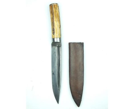 A late 19th Century Burmese Dha or short dagger, 20cm heavy blade double and single fullered and incised with a mark, ivory g