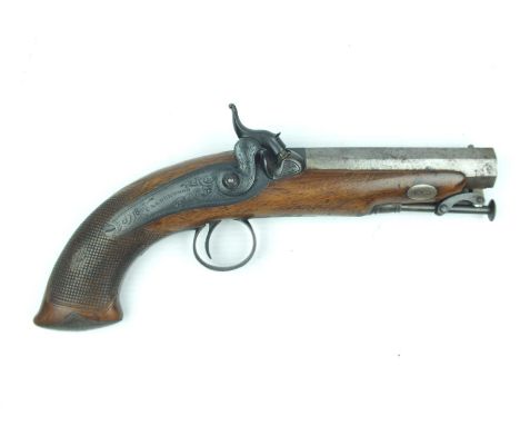 An Irish 28-bore percussion travelling pistol by Calderwood, 4inch sighted octagonal barrel engraved DUBLIN, border and scrol