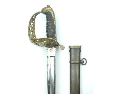 An 1857 Pattern Royal Engineers Officer's sword, 81.5cm blade etched with scrolling foliage and crowned VR cypher's, rubbed, 