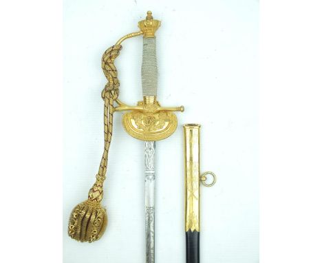 A Victorian Court sword, 82.5cm rounded diamond section blade etched with scrolling foliage, crossed lances and a stand of ar