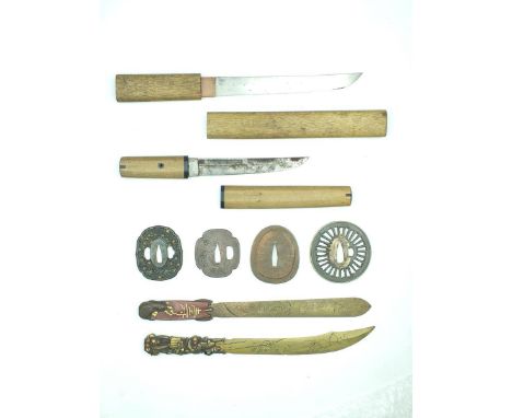 Two Japanese Tanto, the first with 19.5cm blade, the second with 14.5cm patinated fullered blade, both with shira saya, toget