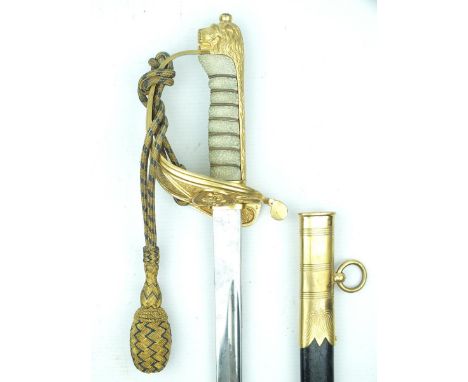 A GVIR Royal Naval Officer's sword, 80.5cm blade etched with scrolling foliage, crowned fouled anchor, and crowned GVIR cyphe