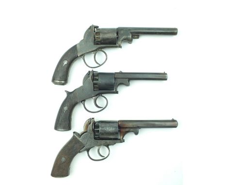Three various percussion open-framed revolvers, the first by Charles Reeves and with scroll engraved frame, the remainder unn