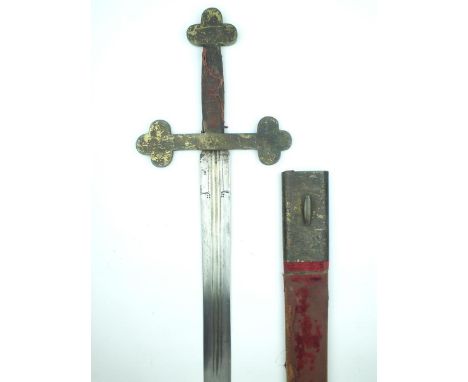 A large 19th Century Masonic or Templar broadsword, 85.5cm triple fullered Kaskara type blade incised with various marks at t