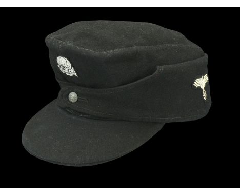 A German Second World War SS Panzer M.43 Cap. A single button M.43 Cap, no moth damage. Bevo flat wire woven skull to the fro