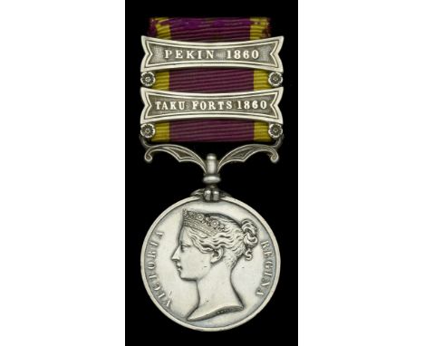 China 1857-60, 2 clasps, Taku Forts 1860, Pekin 1860 (Surgn. I Lamprey. 67th. Regt.) with contemporary top silver brooch bar,