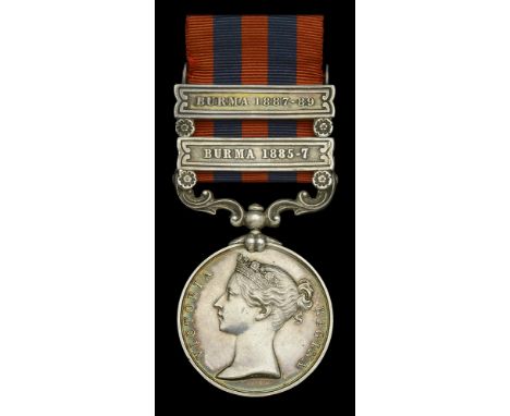 India General Service 1854-95, 2 clasps, Burma 1885-7, Burma 1887-89, second clasp loose on riband, as issued (Mr. F. H. Well