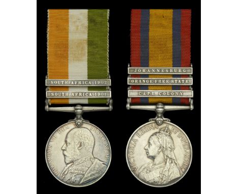 Pair: Private W. Scott, Suffolk Regiment  Queen’s South Africa 1899-1902, 3 clasps, Cape Colony, Orange Free State, Johannesb