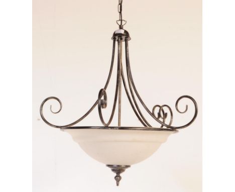 A 20th century French style metal and glass hanging pendant ceiling light shade. The pendant light having stepped glass dish 