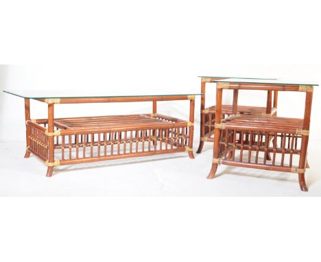 Three vintage mid 20th century glass top bamboo / wicker / rattan style cane work coffee tables. Consisting of one large rect