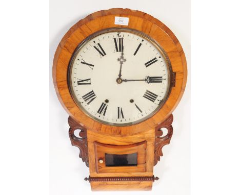 A 19th century Victorian walnut drop dial wall clock having white dial&nbsp; with roman numeral chapter ring over pendulum wi
