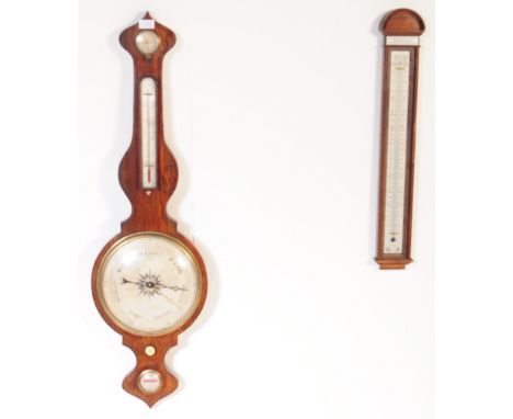 A 19th century George III cased banjo barometer having gauge over thermometer over a face with black enamelled lettering over