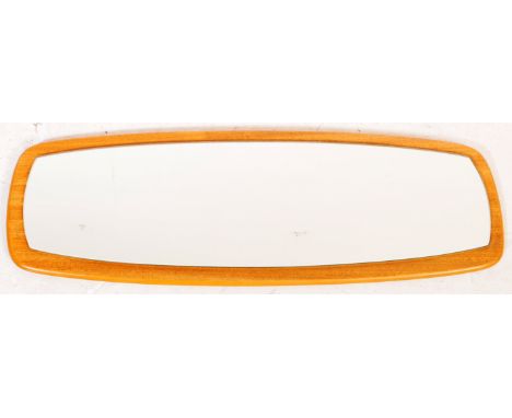 A vintage mid 20th century teak veneered wall hanging mirror. Of rectangular form with wood frame with mounted glass panel. &