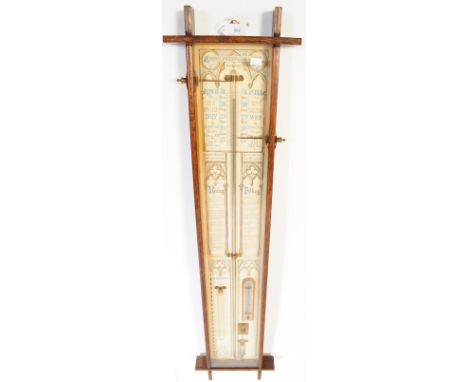 An Admiral Fitzroy barometer. The rectangular glazed case with central mercury barometer tube, flanked by a thermometer and a