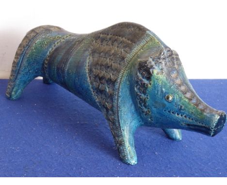 A stylised 1960s blue and green glazed pottery model of a wild boar, 39.5cm long  CONDITION REPORT: The item has come private
