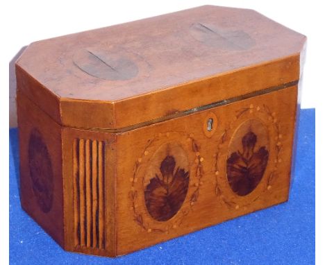 A George III period satinwood and marquetry tea caddy of rectangular form with canted stop fluted corners, 21.5cm wide 