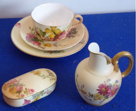 A Royal Worcester group to include a trio, an oval trinket box with cover and a cream jug; each item hand-decorated in enamel