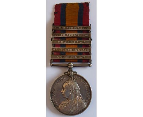 A Queen's South Africa medal, Queen Victoria five bar example, South Africa 1902, South Africa 1901, Transvaal Orange Free St