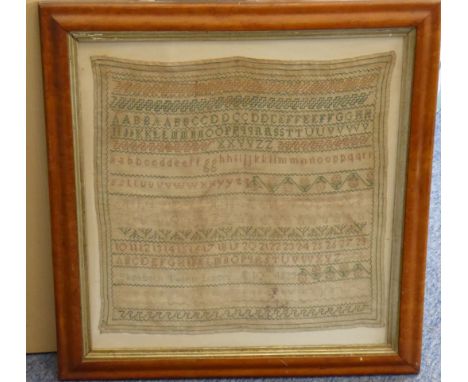 A George IV period maple-framed and glazed needlework sampler with alphabet and designs etc. by Elizabeth Tilden Linzee aged 