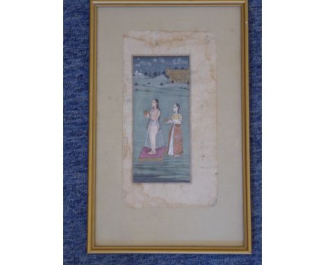 A 19th century Indian gouache on paper study; two female figures holding food containers and a teapot, buildings and sky to t