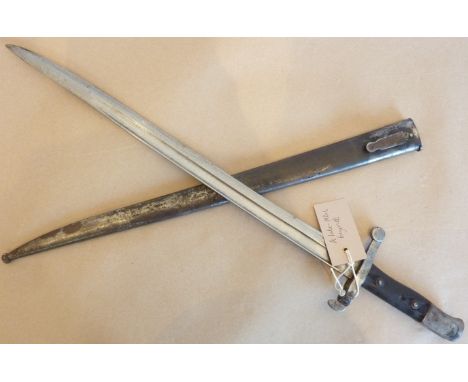 A late 19th century bayonet; 47cm blade in good condition, some damage to both sides of wooden grip, the metal scabbard (C 50