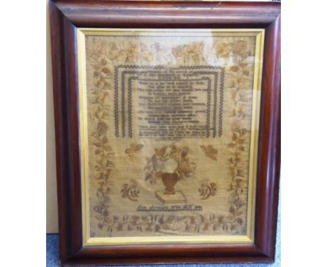 A large mid-19th century rosewood-framed and glazed needlework sampler; elaborate gold-coloured thread border of flowers, lea