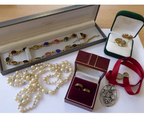 A jewellry group to include a cased multi-coloured oval hardstone necklace, a pair of cased 9-carat yellow gold hoop earrings