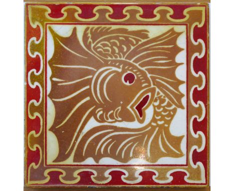 In the style of William de Morgan; a late 19th century ruby lustre (faded) pottery tile decorated with a full shot image of a