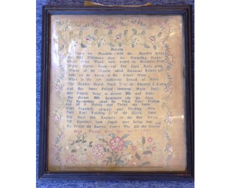 A rare late-18th century sampler with text, flowers etc.: Betty Watson born June 1st 1787; 42cm x 36.5cm  CONDITION REPORT: T